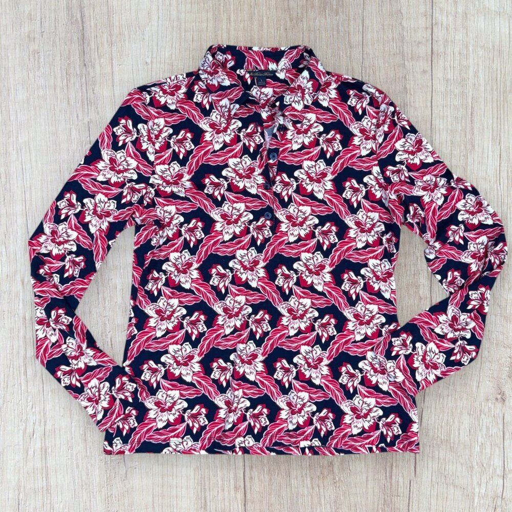 BROOKS BROTHERS Pink Tropical Floral Long-Sleeve Jersey Knit Polo Shirt Top L